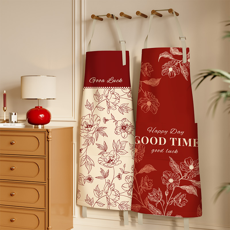 红色喜庆围裙厨房家用防水防油做饭围腰均码年轻图案2026年新款