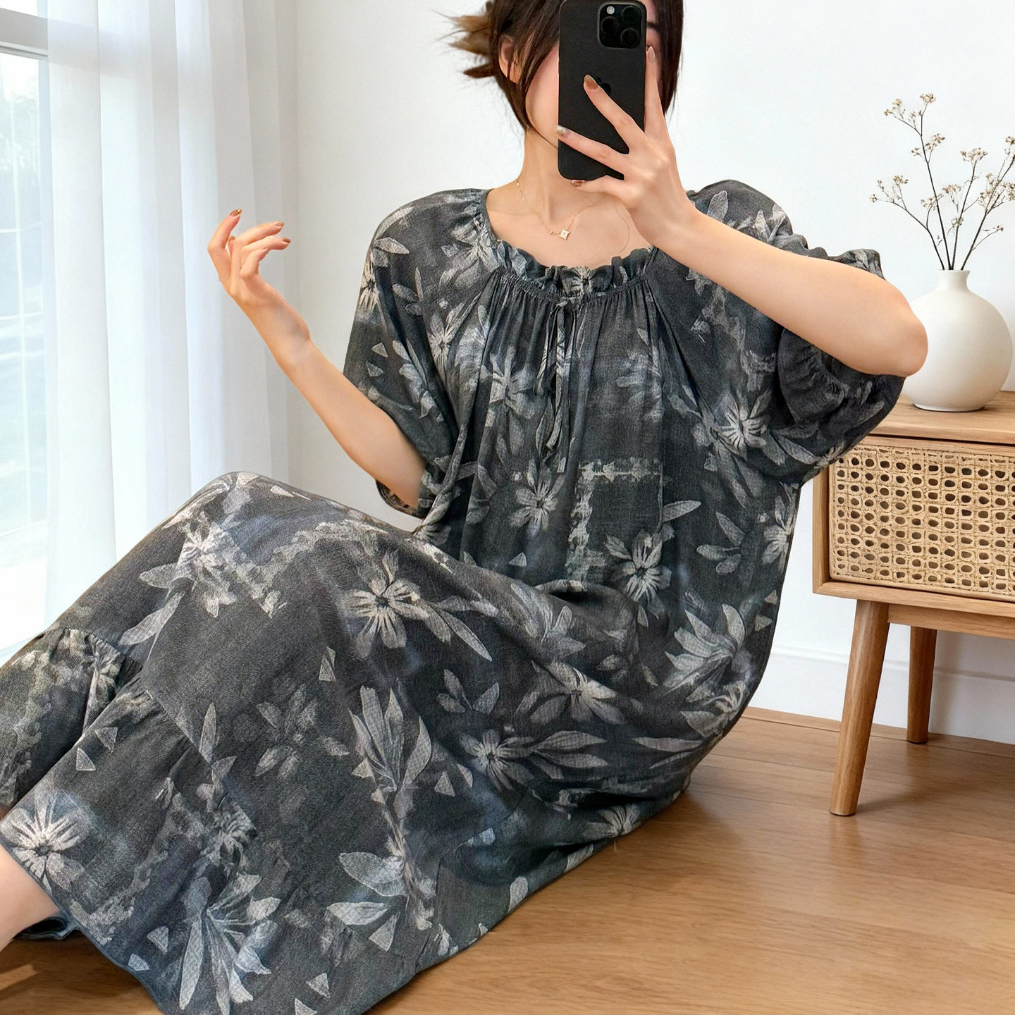 复古扎染棉绸睡裙女款夏季短袖宽松中长裙人造棉透气小碎花家居服