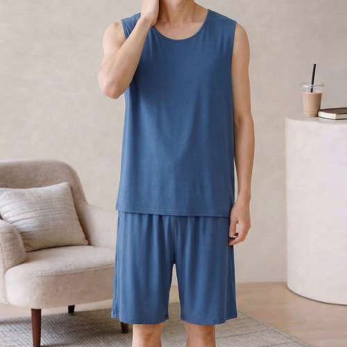 夏季棉绸睡衣男无袖背心短裤套装