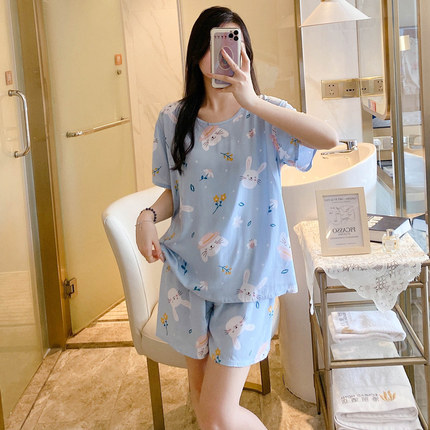 短袖短裤棉绸睡衣女夏甜美空调家居服卡通少女可外穿学生绵绸套装