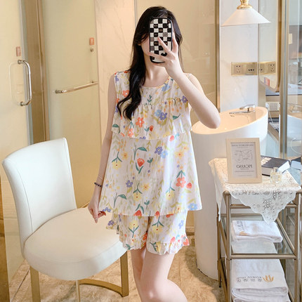 防凸点睡衣女款2025夏季新款棉绸背心无袖套装人造绵家居服免胸垫