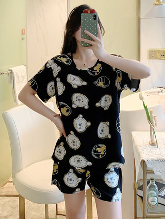 棉绸睡衣女夏短袖套装人造棉空调服短裤两件套卡通女士学生家居服