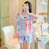 套装 短袖 两件套人造棉学生家居服女士绵绸夏款 新款 棉绸睡衣女夏季