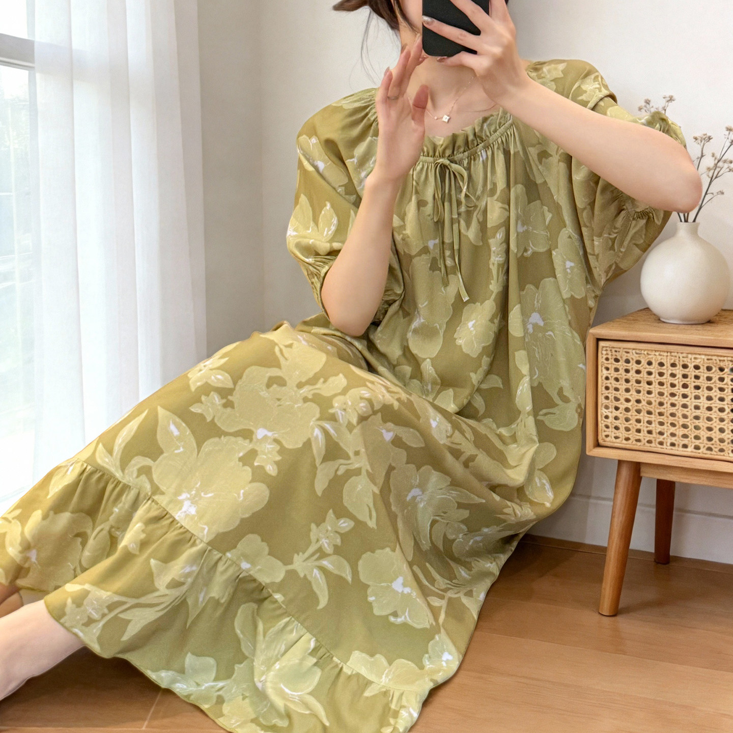 2026新款棉绸睡裙女夏凉感透气宽松休闲中长裙人造棉家居服可外穿
