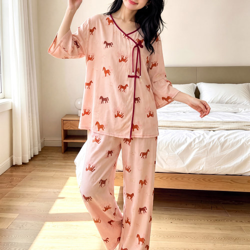 棉绸睡衣女夏款喇叭袖透气家居服