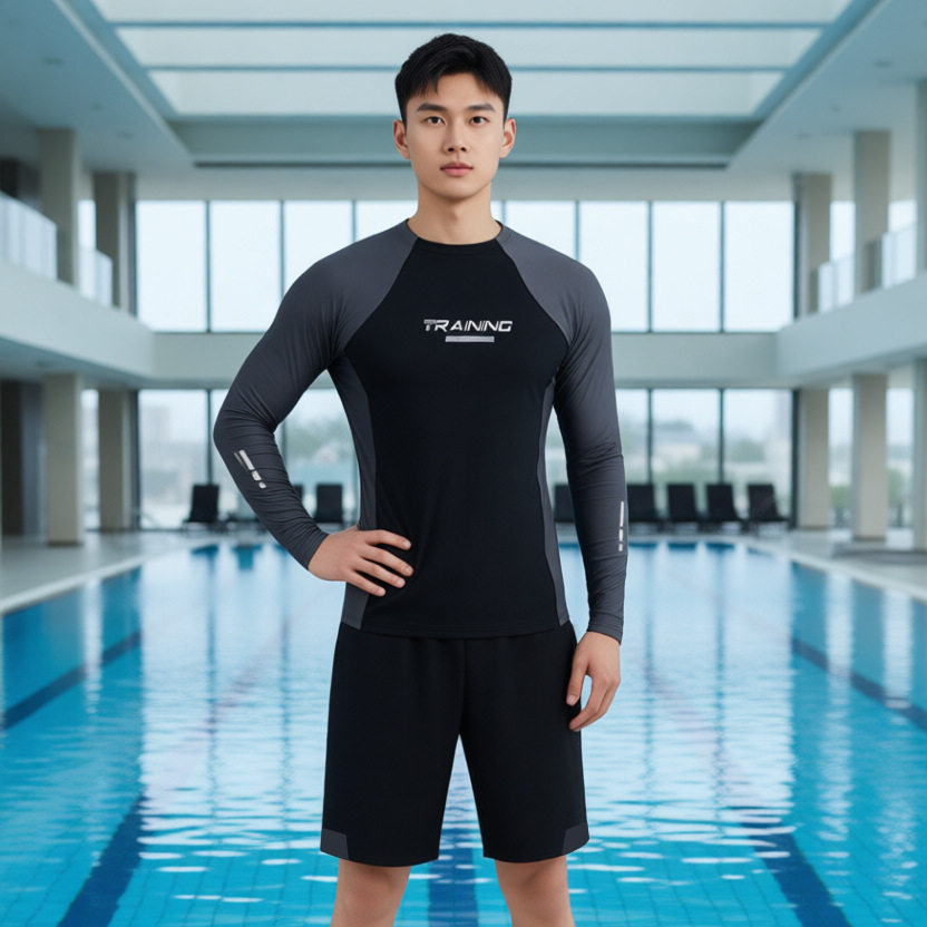 韩国分体潜水服速干防晒三件套男长袖游泳衣冲浪服灰色泳衣套装