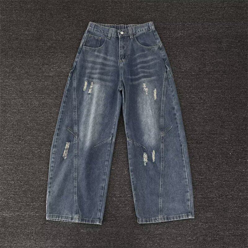美式复古廓形弯刀牛仔裤男款夏季水洗宽松休闲百搭痞帅破洞阔腿裤