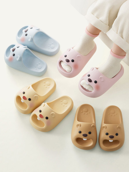 Cute bear face slip-on house slippers in pastel colors, shown on a white background and on feet