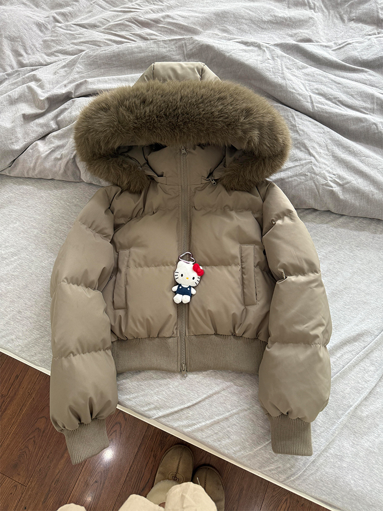 美式覆古驼色毛领连帽收腰短款羽绒棉服女冬季加厚保暖外套面包服