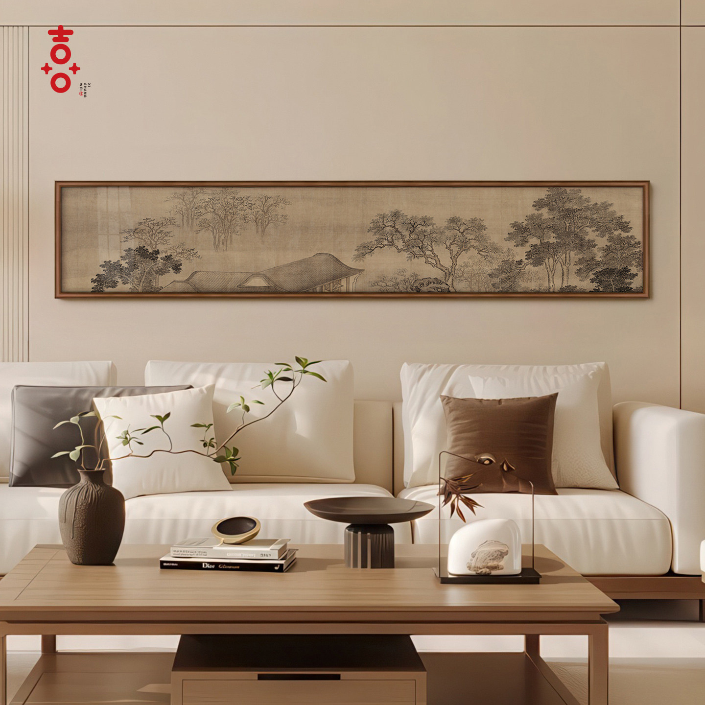 宋式美学 新中式客厅沙发背景墙山水挂画 画书房茶室横幅高档装饰