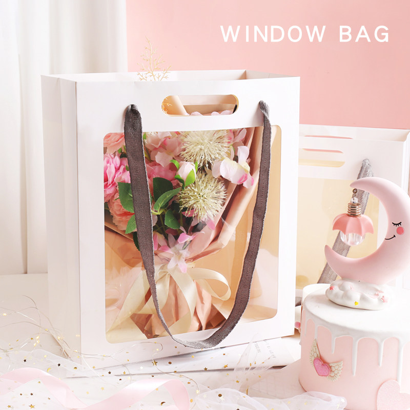 情人节礼品袋子橱窗手提袋透明礼物鲜花开窗袋子包装花束纸袋定制