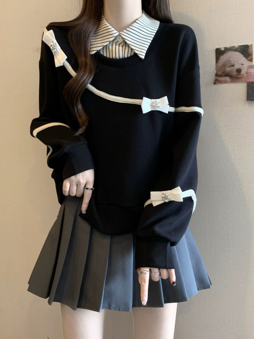 韩系chic别致两件套学院风初秋冬季新款卫衣百褶裙穿搭jk制服套装