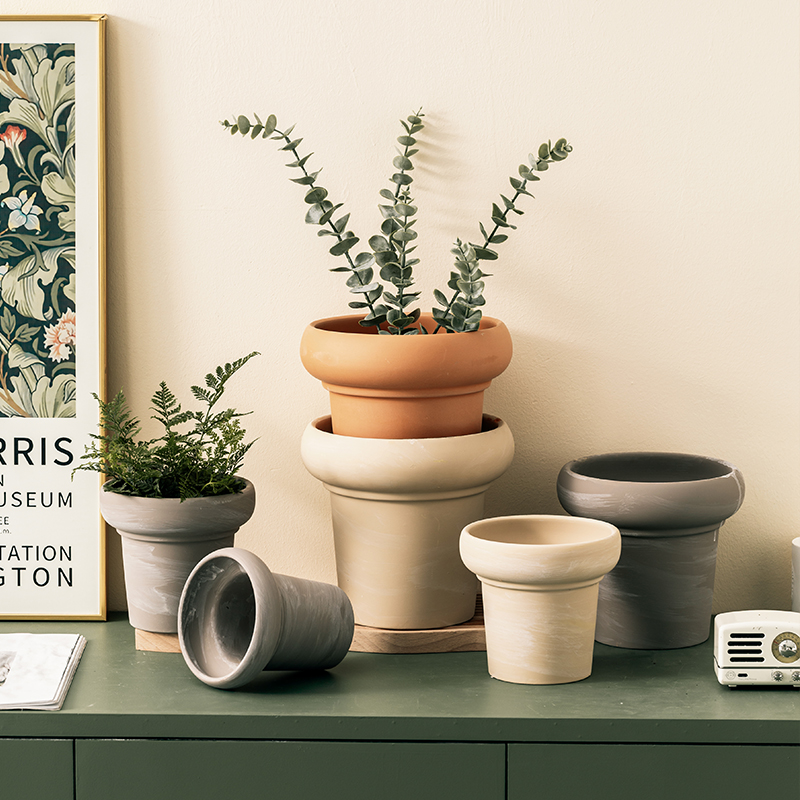 YSID北欧简约兰花盆带托盘蝴蝶兰多肉蕨类透气红陶室内阳台盆器