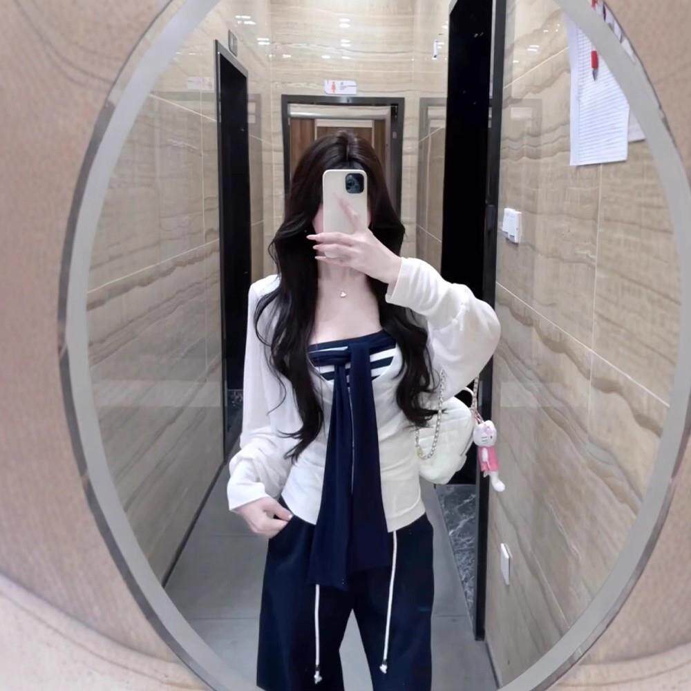 ROUMIKL入秋穿搭一整套大码胖mm条纹抹胸叠穿长袖罩衫阔腿裤巨好