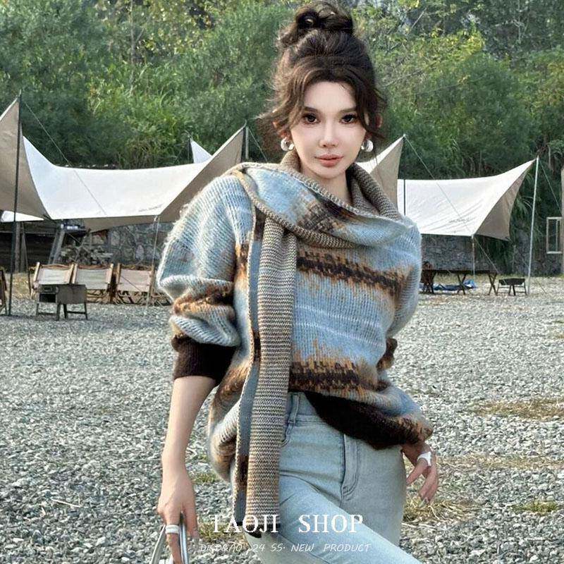 KATTERLLG慵懒宽松条纹拼色软糯套头毛衣女秋冬新款温柔风氛围感