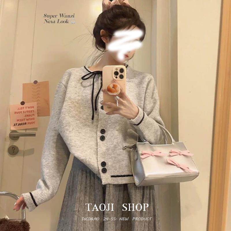 KATTERLLG韩系休闲减龄蝴蝶结圆领针织开衫女秋冬季新款小个子宽