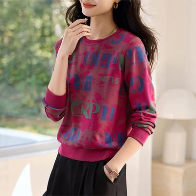 ROUMIKL字母印花长袖t恤女2025新款宽松休闲秋季卫衣女士内搭打底