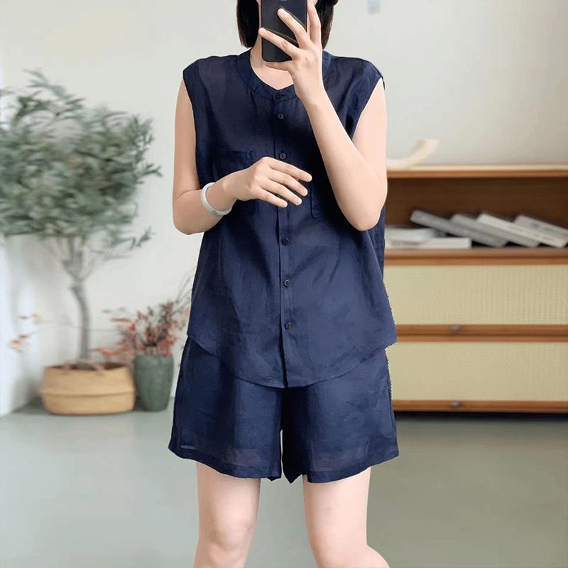 RIERA盐系轻熟两件套女装夏季减龄宽松纯色薄款上衣女高腰短裤休