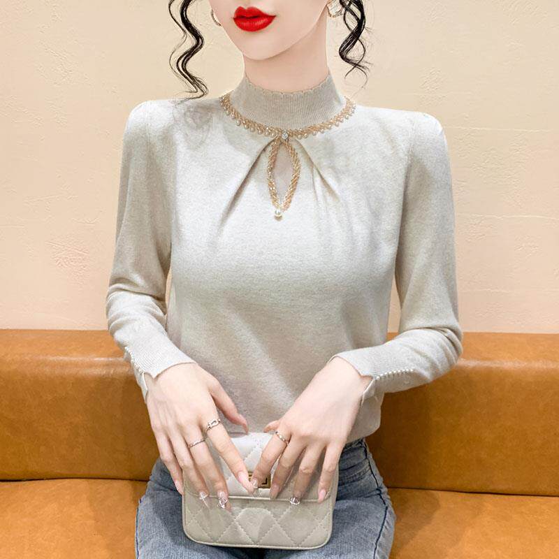 ROUMIKL半高领长袖针织衫2025秋冬款毛衣女款重工订珠新款修身打