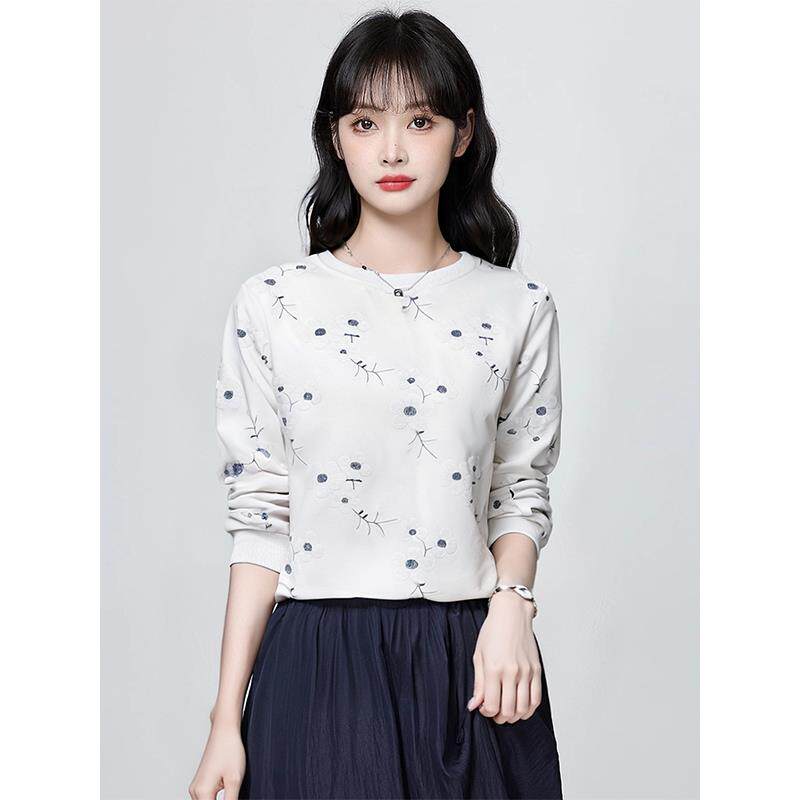 ROUMIKL秋季白色圆领卫衣女宽松印花通勤百搭外套女装2025新款长