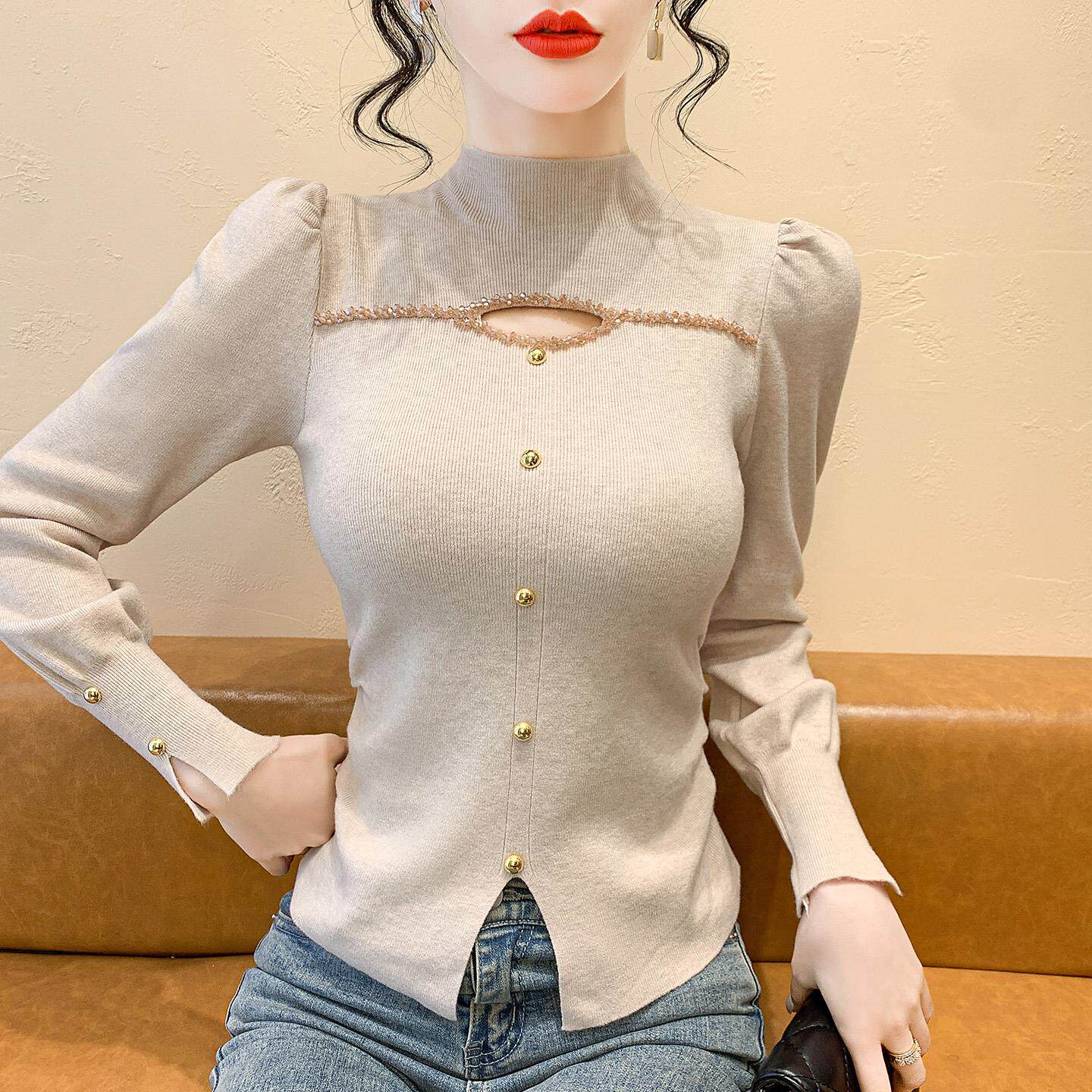 ROUMIKL时尚钉珠毛衣女款2025新款冬季半高领针织衫可内搭可外穿