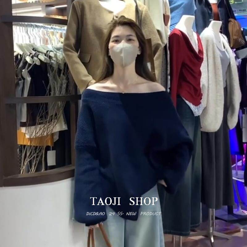 KATTERLLG韩系露肩慵懒一字领套头毛衣女秋冬新款蝙蝠袖针织衫宽