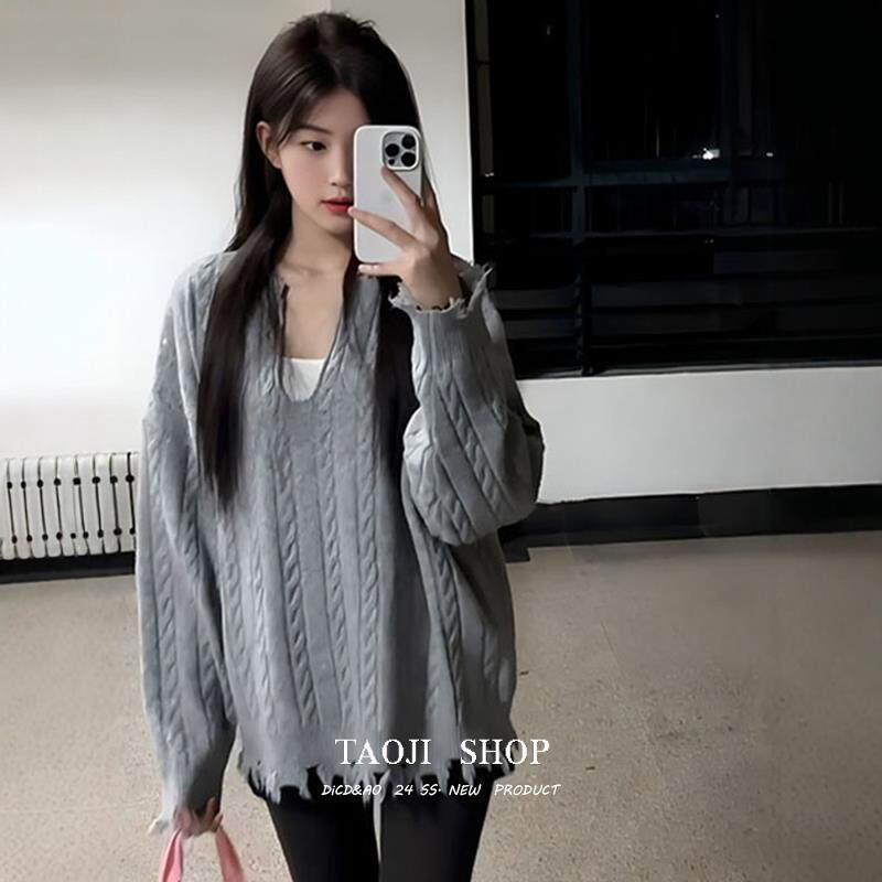 KATTERLLG小众高级感V领灰色套头毛衣女秋冬季新款别致宽松长袖打