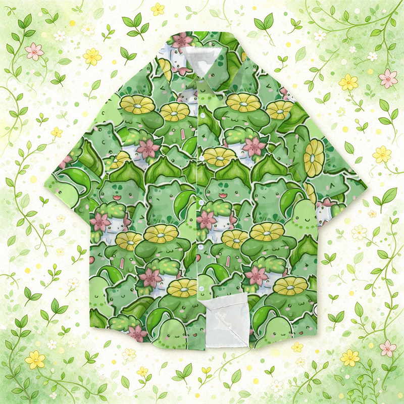 宠物小精灵短袖衬衫耿鬼达卡鸭沙滩衣服妙蛙种子夏威夷风衬衣宽松