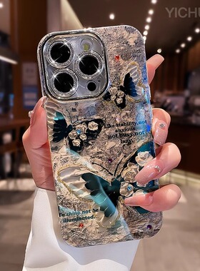 艺术复古油画适用苹果16promax手机壳17新款iPhone15pro玫瑰水钻蝴蝶ip14pro高级闪粉镜头膜13全包防摔硅胶12