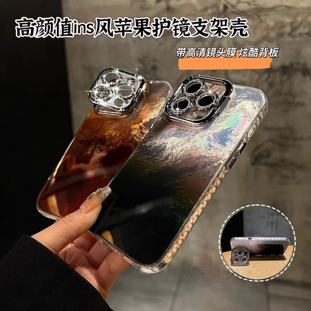 渐变闪粉镜头膜支架适用苹果16promax手机壳镭射晕染iPho