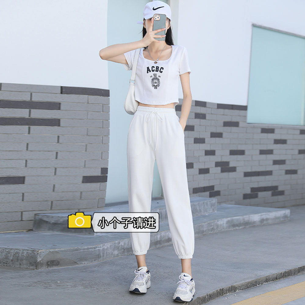 145矮小个子秋装搭配显高七分小脚萝卜白色休闲运动裤女宽松卫裤