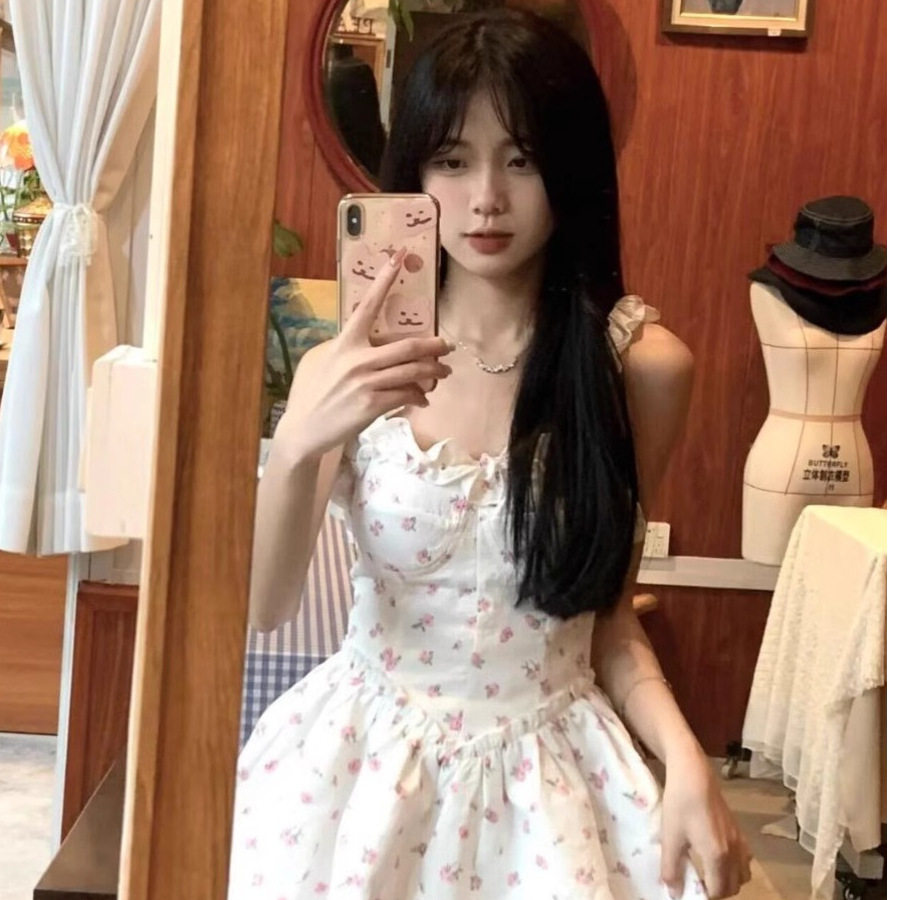 法式白色碎花吊带连衣裙女装夏季连衣裙