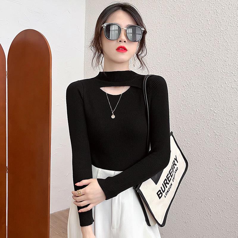 秋冬季新款洋气时尚时髦长袖打底针织衫上衣镂空半高领内搭毛衣女