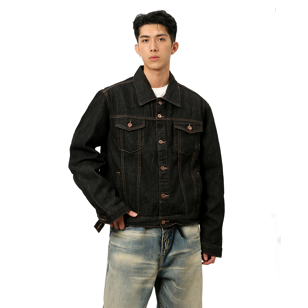 美式哥萨克单宁工装牛仔衣男 纽扣设计原浆黑色原牛夹克外套复古