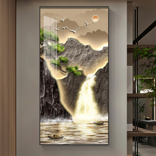 客厅对门过道壁画进门走廊尽头挂画 饰画新中式 玄关竖版 流水生财装