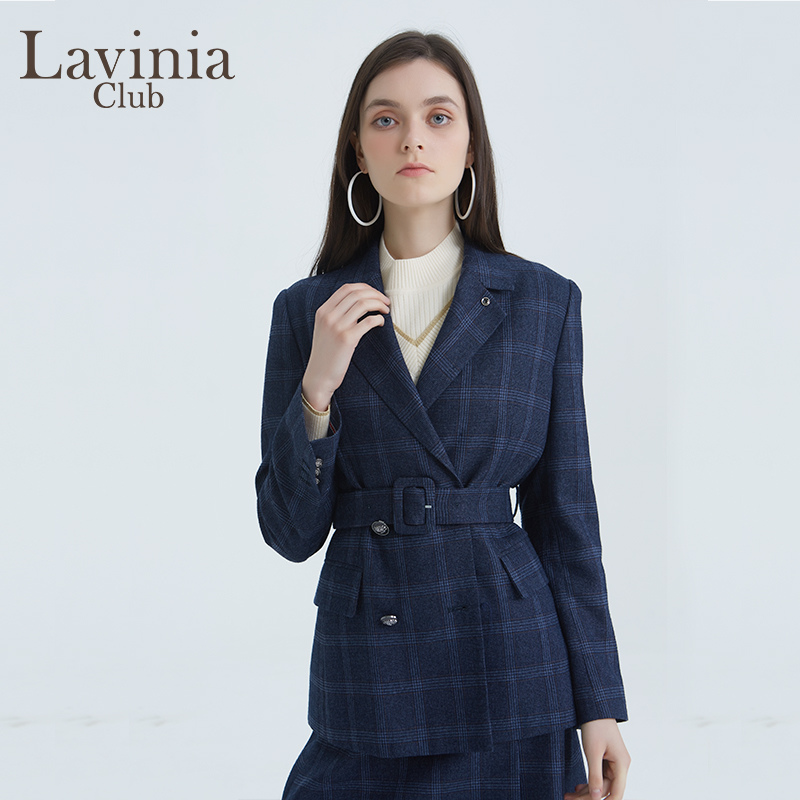 Lavinia Club/拉维妮娅春秋新款腰带学院风格子西装女装外套/蓝格