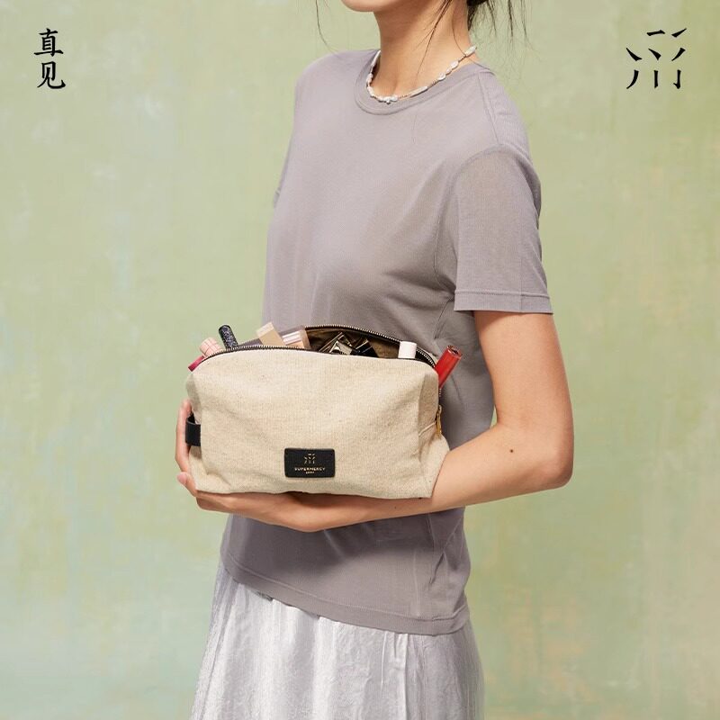 SUPERMERCY直见化妆包水洗亚麻原创便携式收纳袋旅行手提洗漱女包