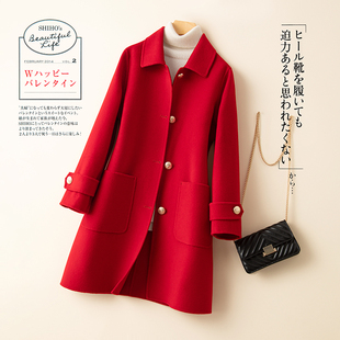 秋冬新款双面羊绒大衣女小矮个子中长款宽松纯羊毛呢子外套袖帕