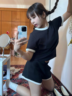 黑色ins风短袖短裤性感学生紧身辣妹睡衣女夏款纯棉韩版休闲套装