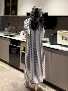 睡裙女士纯棉2025年新款 条纹简约超长休闲家居服 睡衣女可外穿韩版