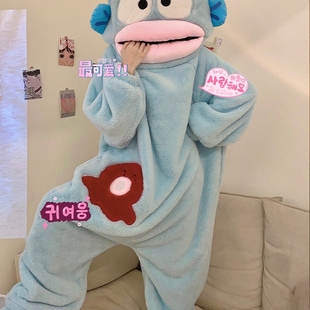 秋冬季抽象搞怪丑鱼汉顿睡衣搞笑沙雕柔软连体珊瑚绒睡袍可爱睡袋