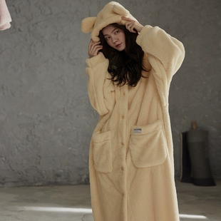 珊瑚绒可爱睡衣女保暖睡袍学生宿舍可外穿家居服宽松纯色休闲长款