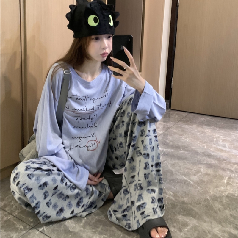 可爱小狗印花长袖长裤纯棉睡衣女春秋款新休闲家居服学生甜美套装