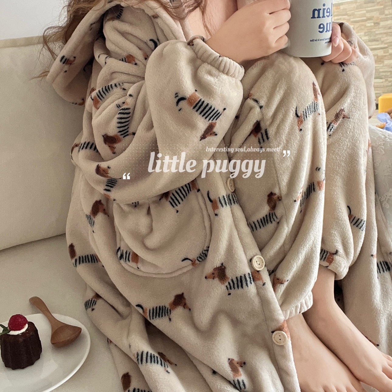 睡衣女秋冬季珊瑚绒可爱睡袍长款纹长款睡袍加厚加绒法兰绒家居服
