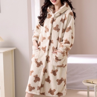 可爱珊瑚绒睡衣女款冬季加绒加厚连帽睡袍秋冬保暖家居服2025新款