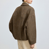 韩系穿搭 100纯羊毛呢外套女小个子短款 千鸟格子秋冬咖色高级感