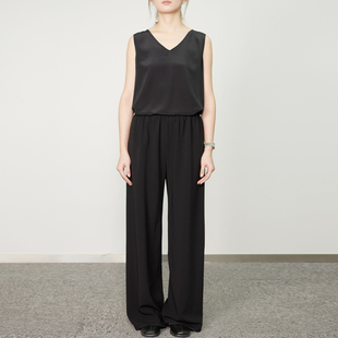 老钱风醋酸乱麻阔腿裤/100%真丝桑蚕丝V领无袖背心套装