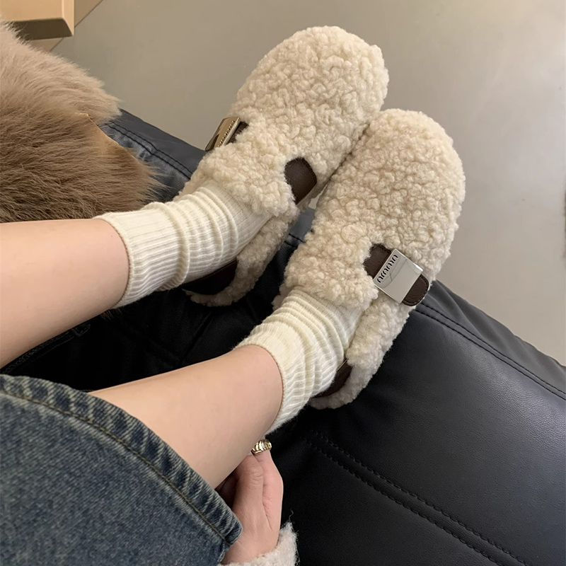 Classy key新加坡设计师联名款两穿加绒平底毛毛鞋一脚蹬豆
