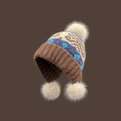 Classy key新加坡设计师联名款复古提花费尔岛风毛球保暖针织帽子