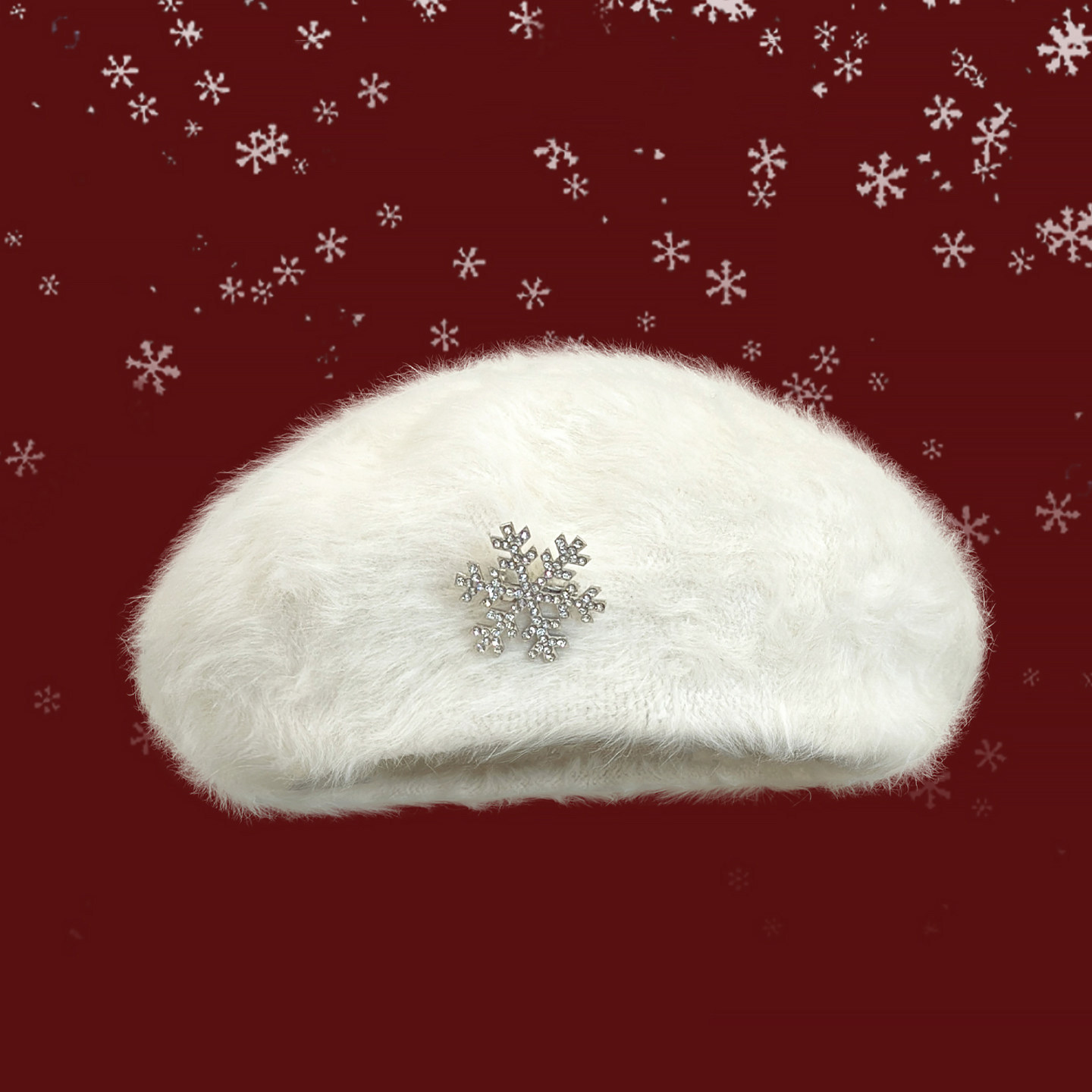 Classy key新加坡设计师联名款兔毛雪花水钻白色贝雷帽百搭显脸小